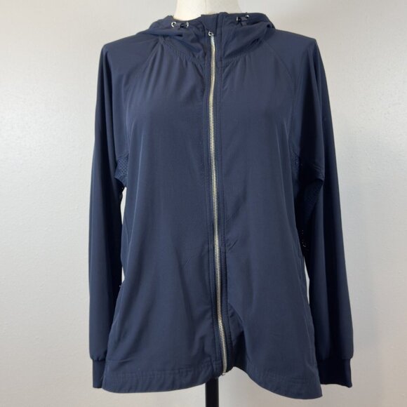 Christopher Banks Womens Navy Blue Full Zip Jacket Hooded Pockets Light Size P/L - Picture 1 of 16